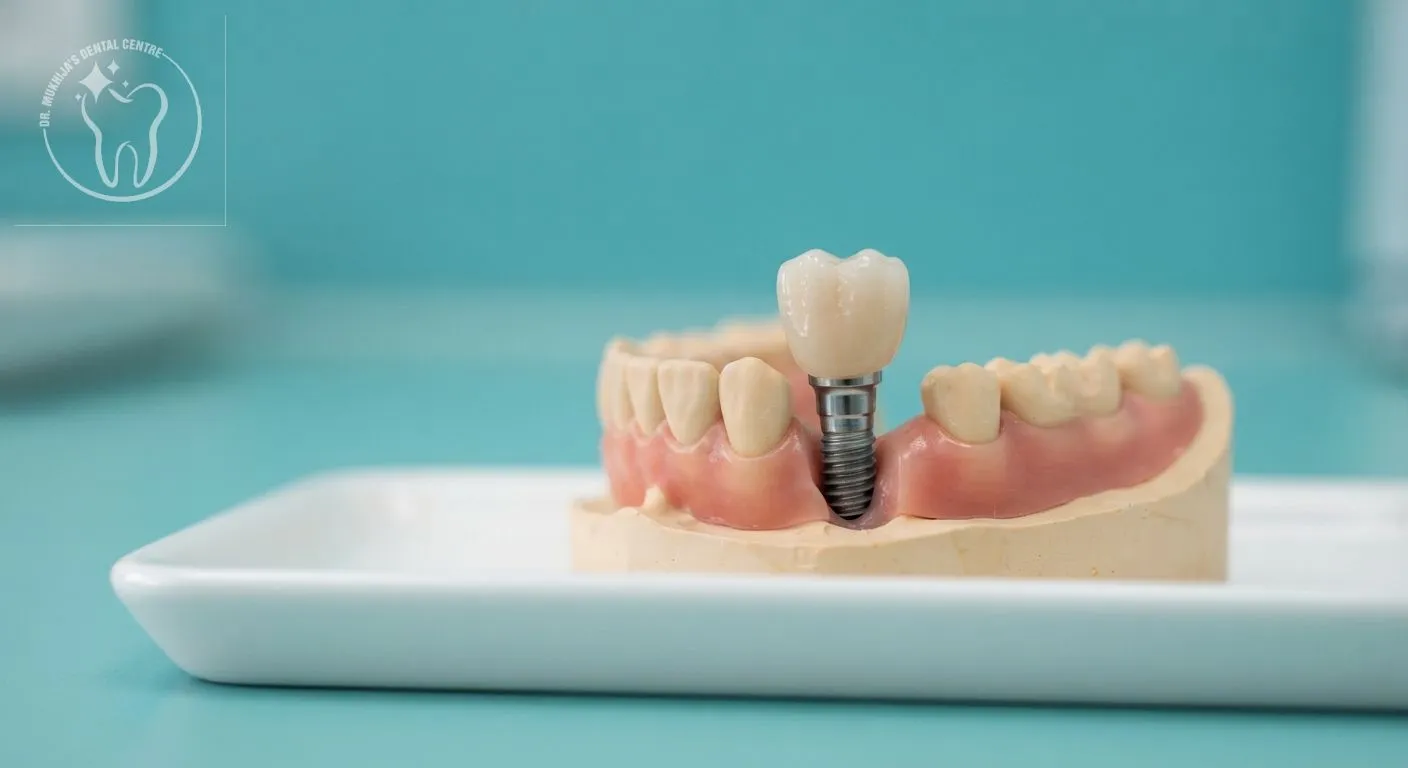 Dental implant model showing the titanium implant post, abutment and crown fitted into the jawbone, the components that determine dental implant cost in India