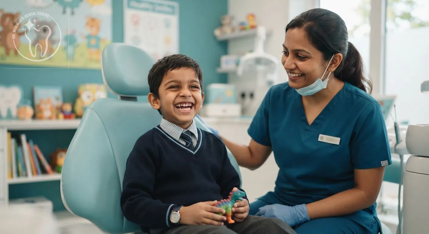 Kids dentistry — dentist showing a child a tooth model