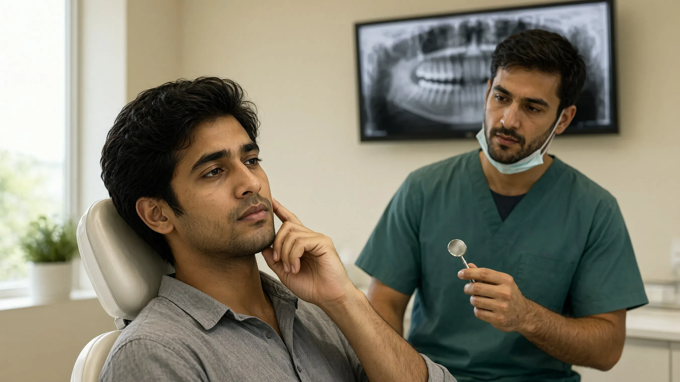 Man touching his jaw during a wisdom tooth consultation with a dentist in a bright clinic